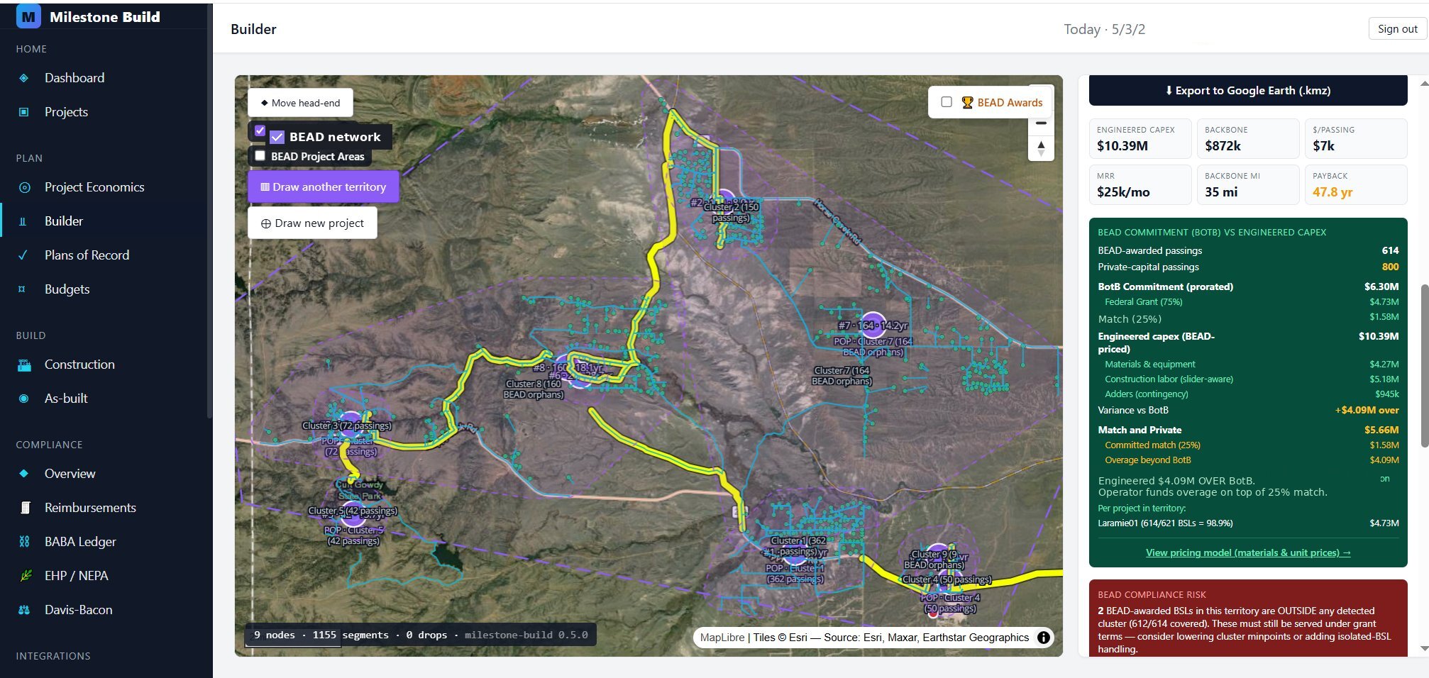 Network Builder — engineered fiber routing with BEAD commitment variance and compliance risk panel