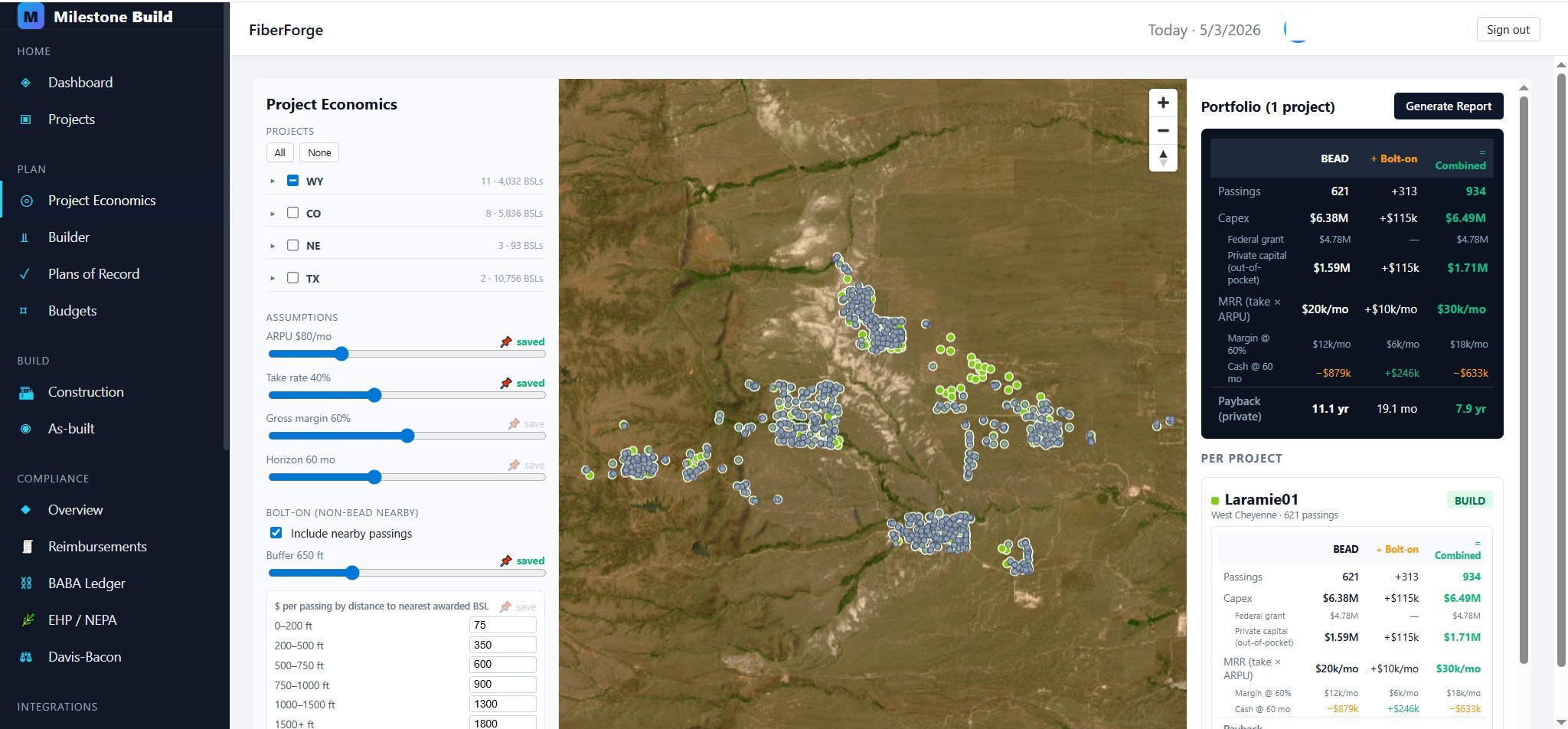 Project Economics — BEAD + Bolt-on portfolio modeling with payback math on satellite map